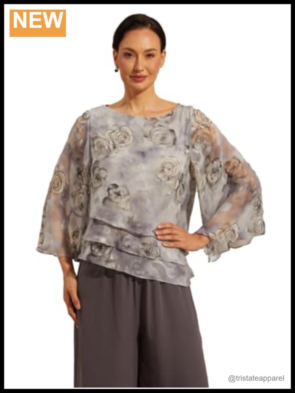 Women's Floral Chiffon Blouse Flowy Bell Sleeve Dressy Casual Top